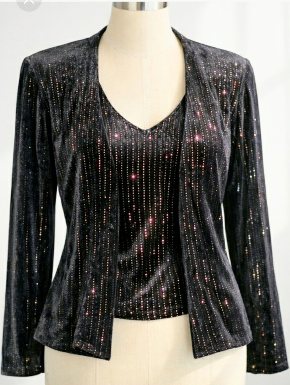 Vintage 80s Ronni Nicole Black Velvet Metallic Shimmer Twinset Cardigan PS